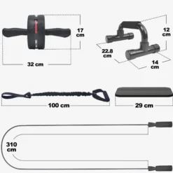 Gorilla Sports Ab Roller Set inkl, Kniematten, Springseil und Liegestützgriffe Schwarz