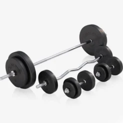 Gorilla Sports Hantelbank mit Ablage inkl, Langhantel Set Kunststoff 38/70/100 kg Weiss Discount