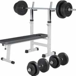 Gorilla Sports Hantelbank mit Ablage inkl, Langhantel Set Kunststoff 38/70/100 kg Weiss Clearance