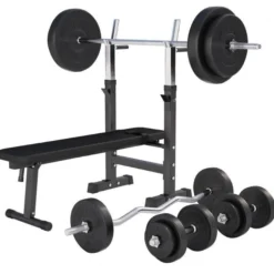 Gorilla Sports Hantelbank mit Ablage inkl, Langhantel Set Kunststoff 38/70/100 kg Schwarz Hot