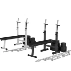 Gorilla Sports Hantelbank mit Ablage inkl, Langhantel Set Kunststoff 38/70/100 kg Schwarz Hot