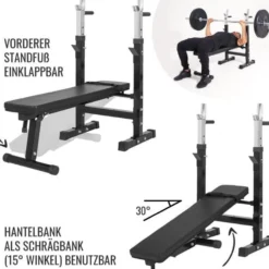 Gorilla Sports Hantelbank mit Ablage inkl, Langhantel Set Gripper 100 kg Weiss Online