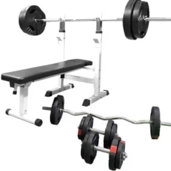 Gorilla Sports Hantelbank mit Ablage inkl, Langhantel Set Gripper 100 kg Weiss Online