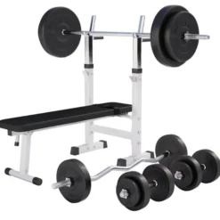 Gorilla Sports Hantelbank mit Ablage inkl, Langhantel Set Kunststoff 38/70/100 kg Schwarz Clearance