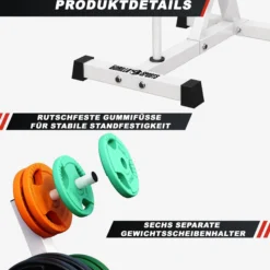 Gorilla Sports Hantelscheibenständer mit 4 Stangen - 6 Scheibenaufnahmen Weiss Outlet