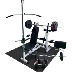 Gorilla Sports Kraftstation Universal inkl, Latzugturm, Langhantel Set Kunststoff Gripper und Bodenschutzmatten Schwarz / Rot / Silber Best