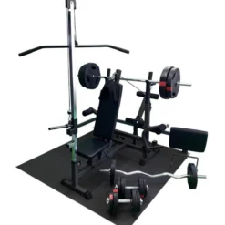 Gorilla Sports Kraftstation Universal inkl, Latzugturm, Langhantel Set Kunststoff Gripper und Bodenschutzmatten Weiss / Rot / Silber Online