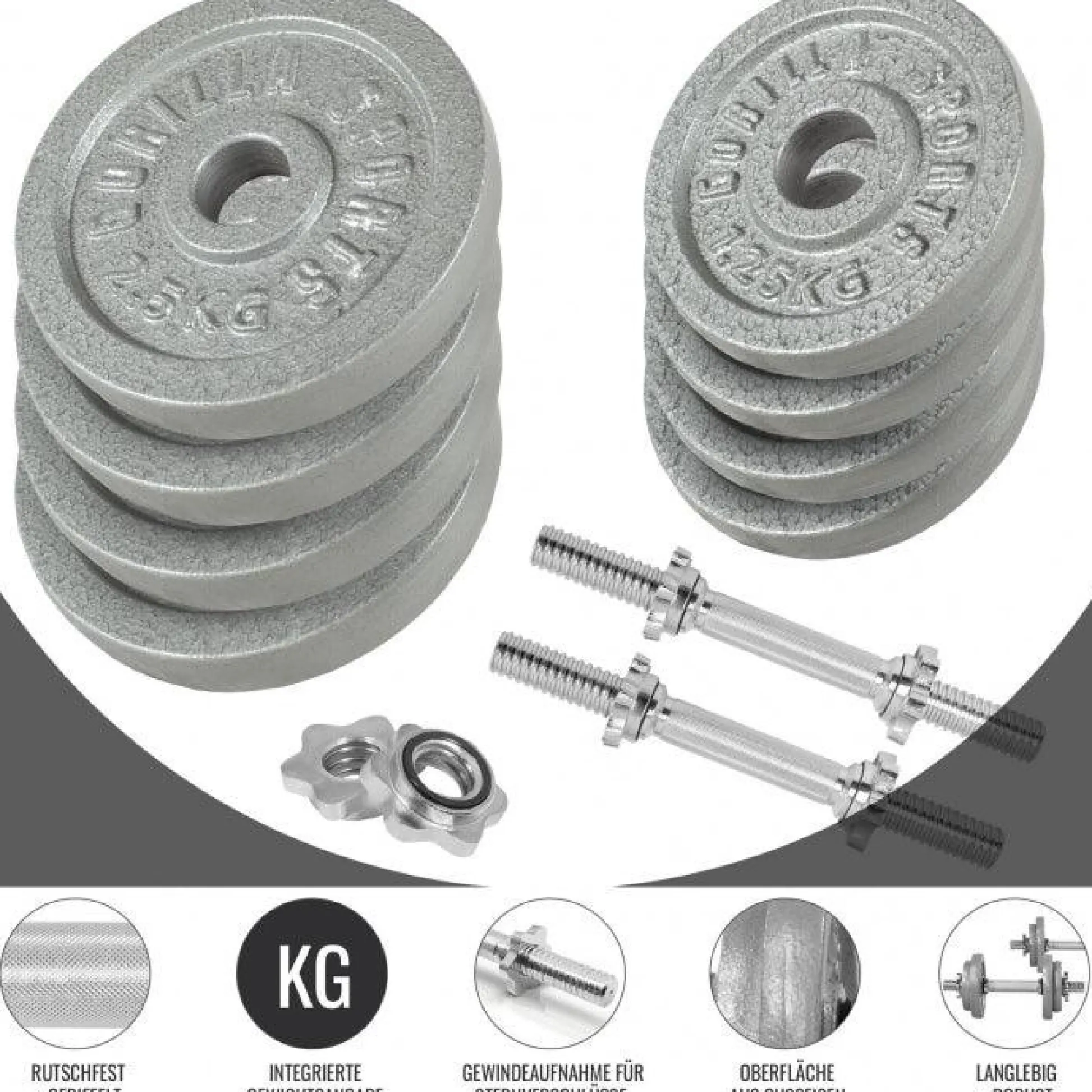 Gorilla Sports Kurzhantel Set Gusseisen 20 kg mit Sternverschlüssen Silber Clearance
