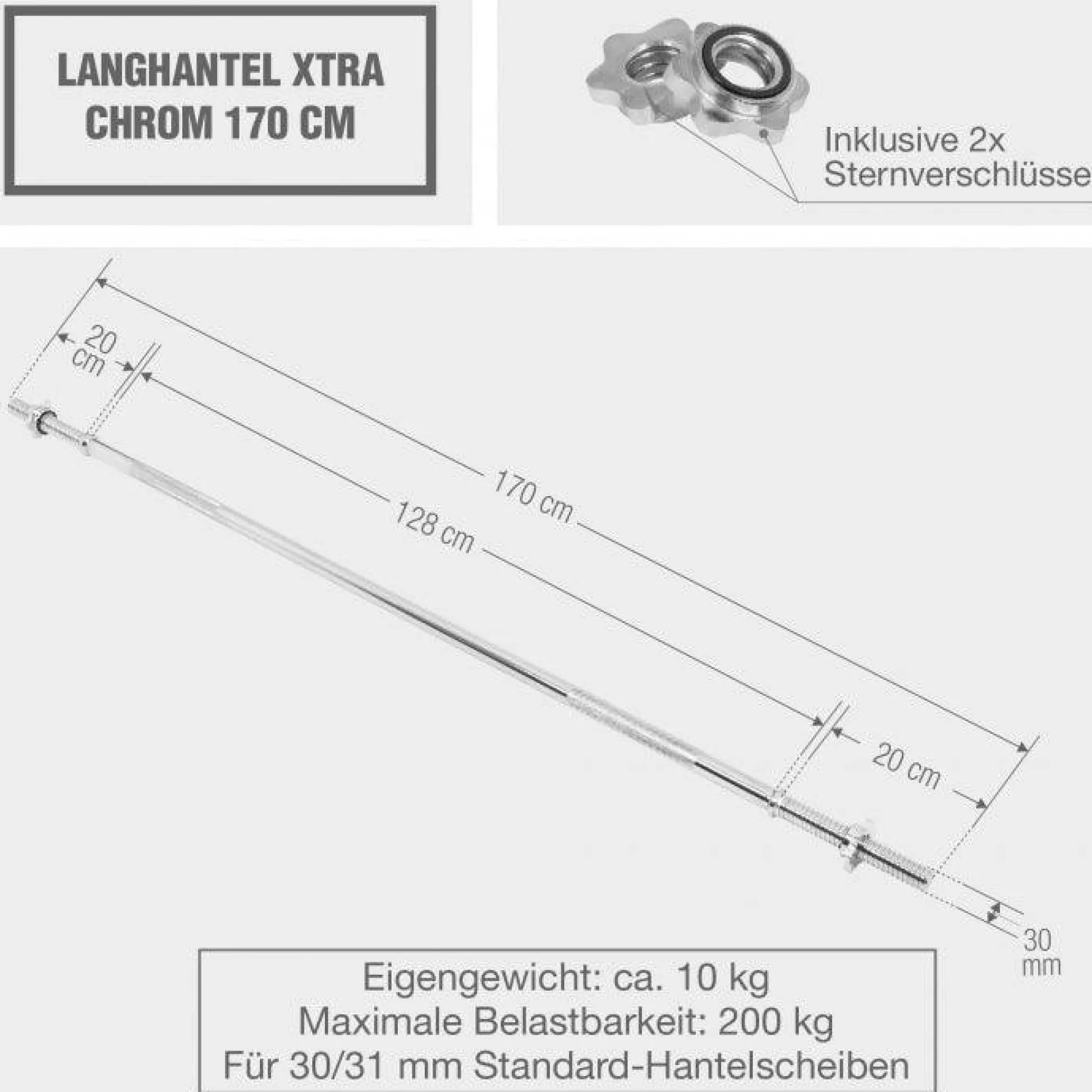 Gorilla Sports Langhantel 170 cm extra breiter Griff mit Sternverschlüssen Silber