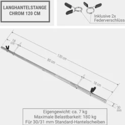Gorilla Sports Langhantel 120 cm mit Federverschlüssen Silber Sale