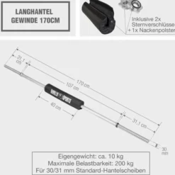 Gorilla Sports Langhantel 170 cm mit Nackenpolster mit Sternverschlüssen Silber Sale