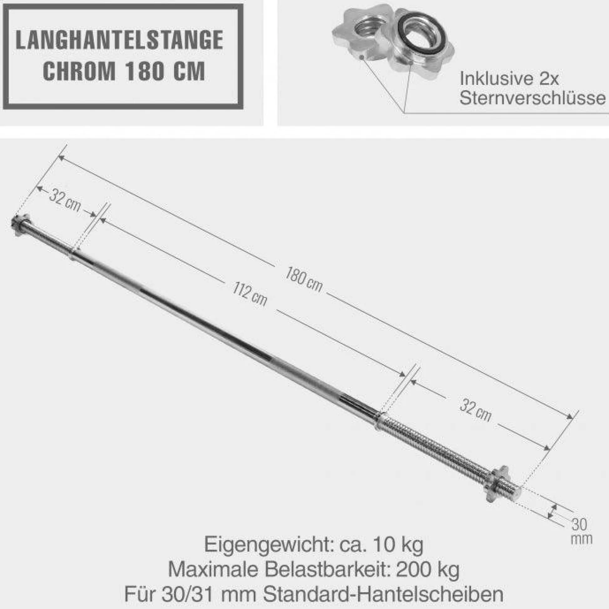 Gorilla Sports Langhantel 180 cm mit Sternverschlüssen Silber Sale