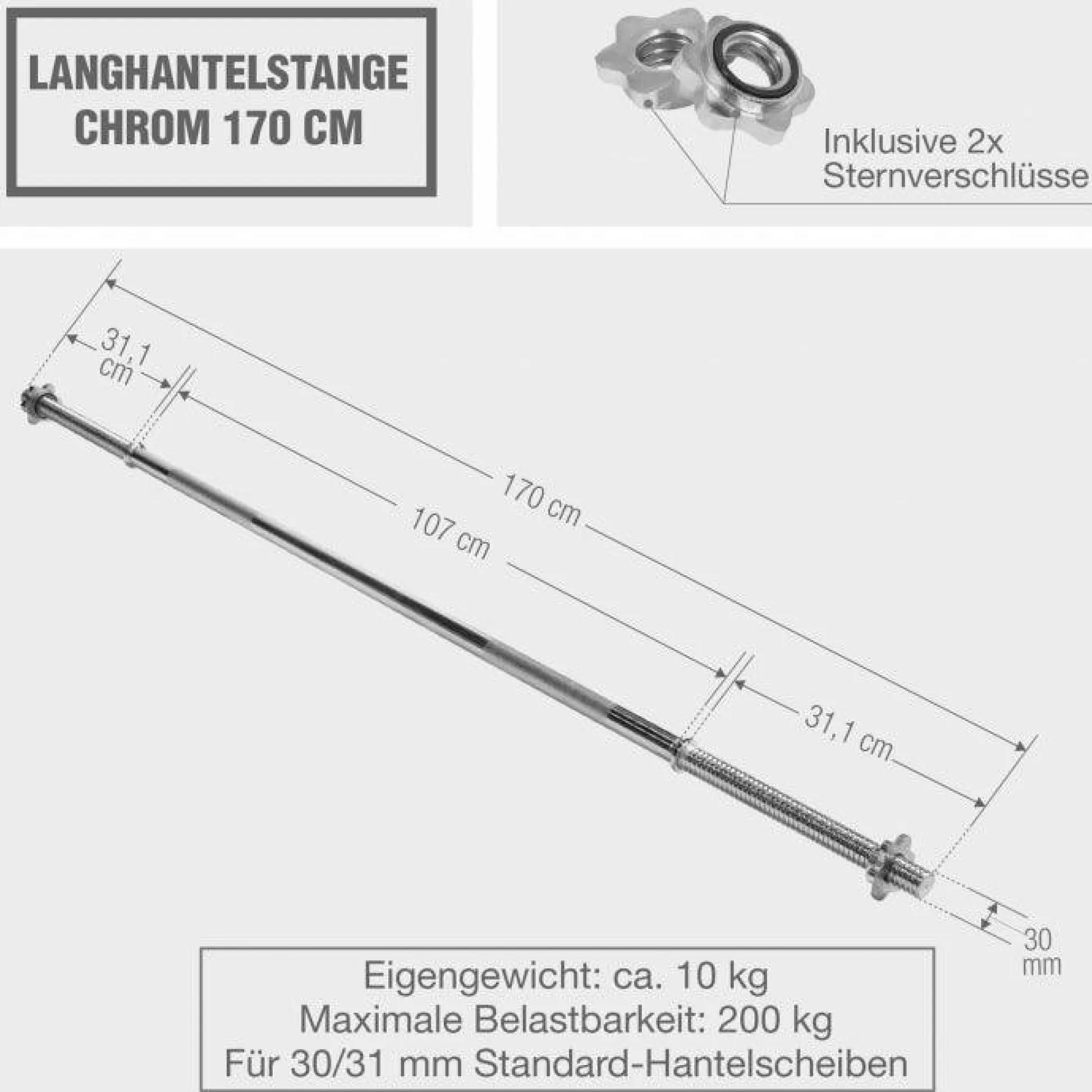 Gorilla Sports Langhantel Set Gripper Kunststoff 60 - 130 kg mit Sternverschlüssen Silber / Schwarz Clearance