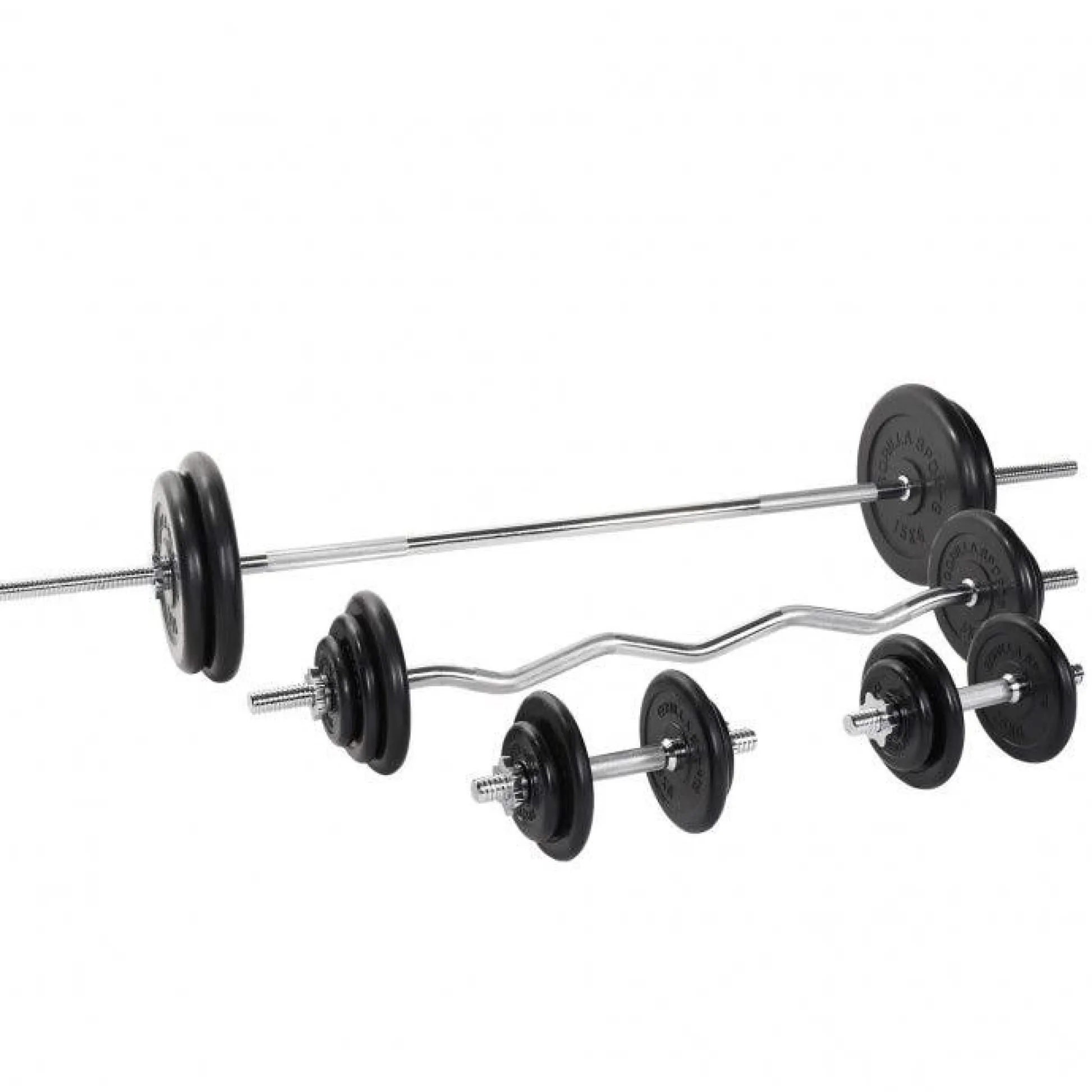 Gorilla Sports Langhantel Set Gummi 108 kg mit Sternverschlüssen Silber / Schwarz Best