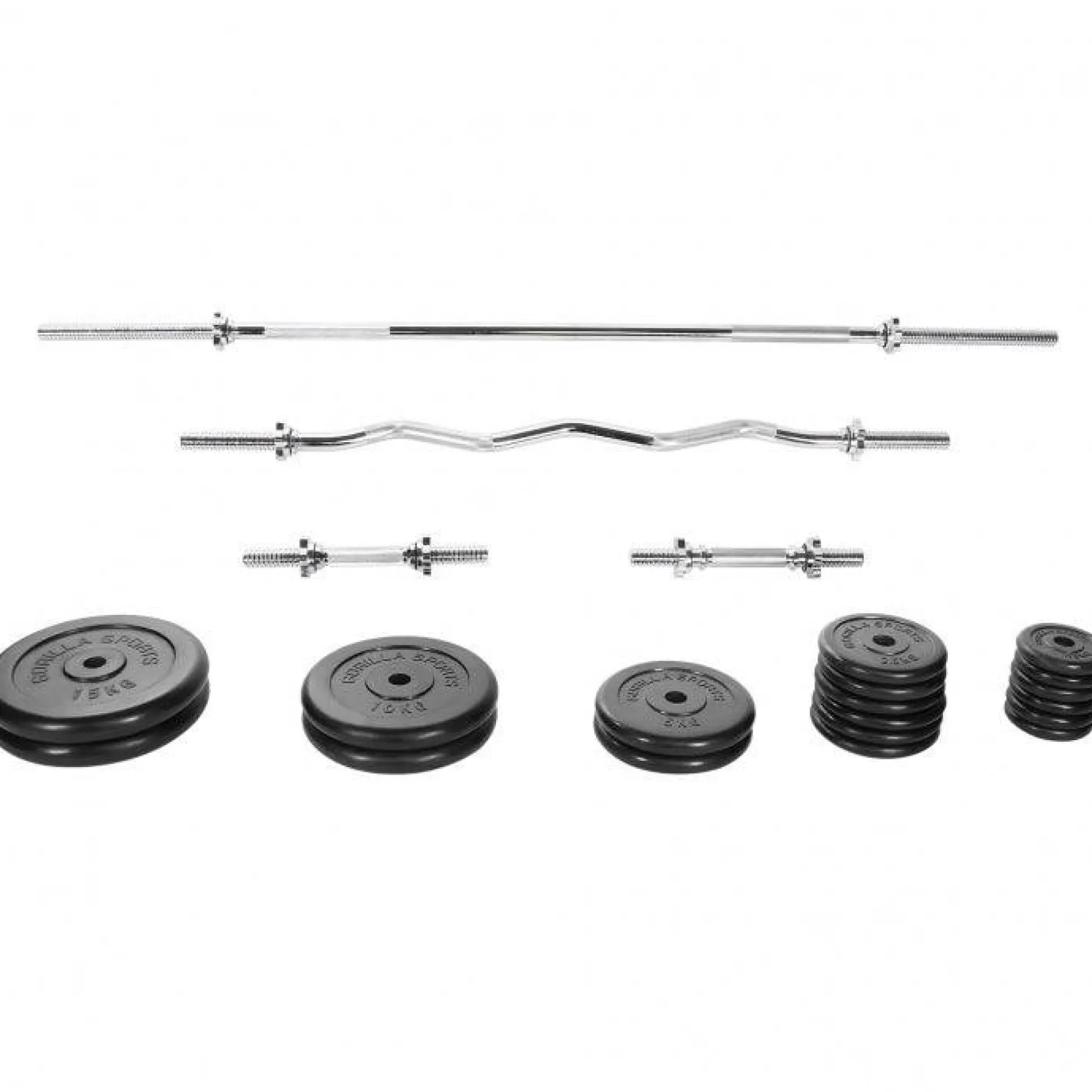 Gorilla Sports Langhantel Set Gummi 108 kg mit Sternverschlüssen Silber / Schwarz Best