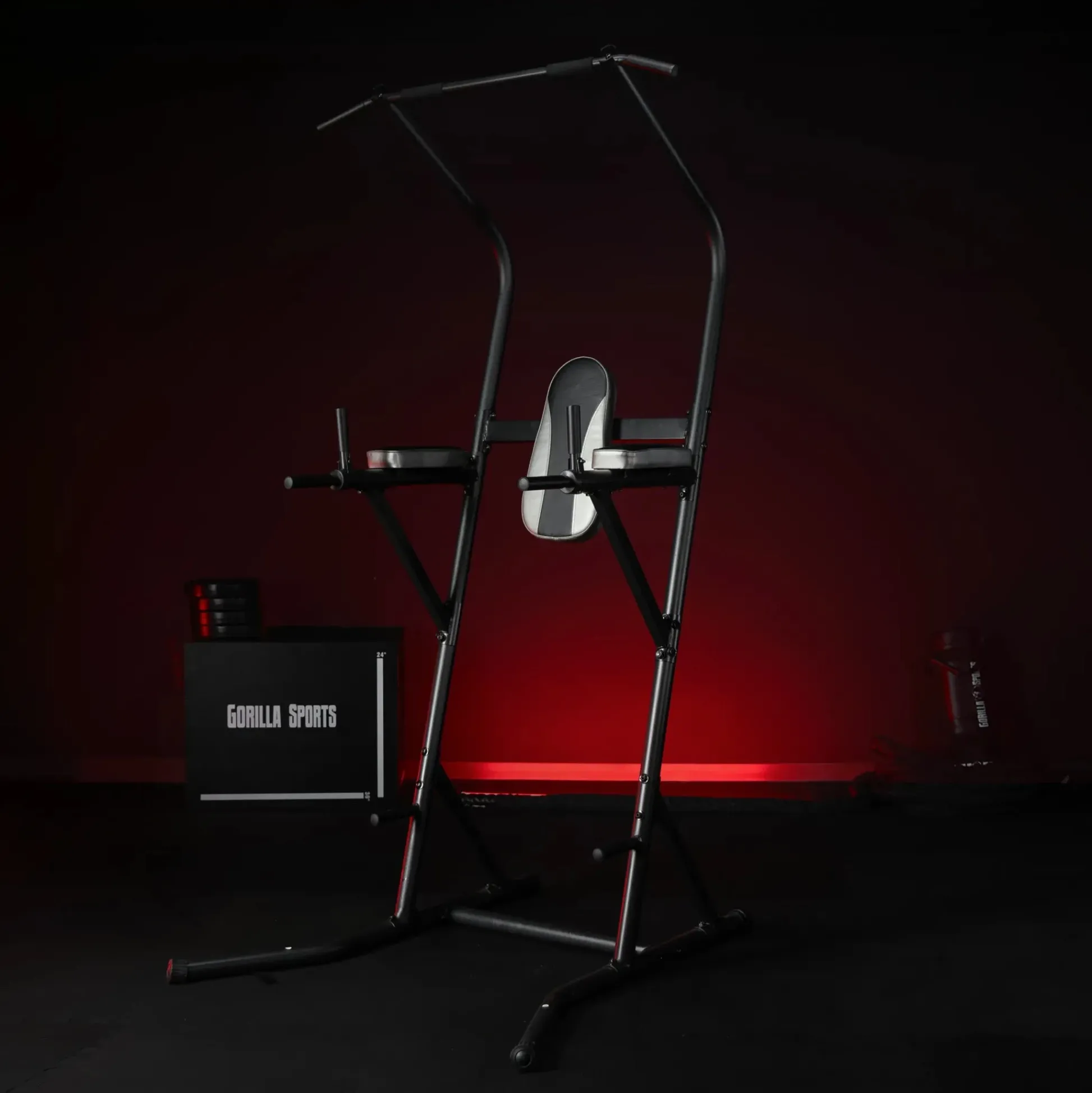 Gorilla Sports Power Tower Dip Station mit Klimmzugstange Schwarz / Grau Clearance