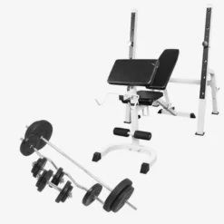 Gorilla Sports Schrägbank mit separater Ablage inkl, Langhantel Set 100 kg Schwarz New