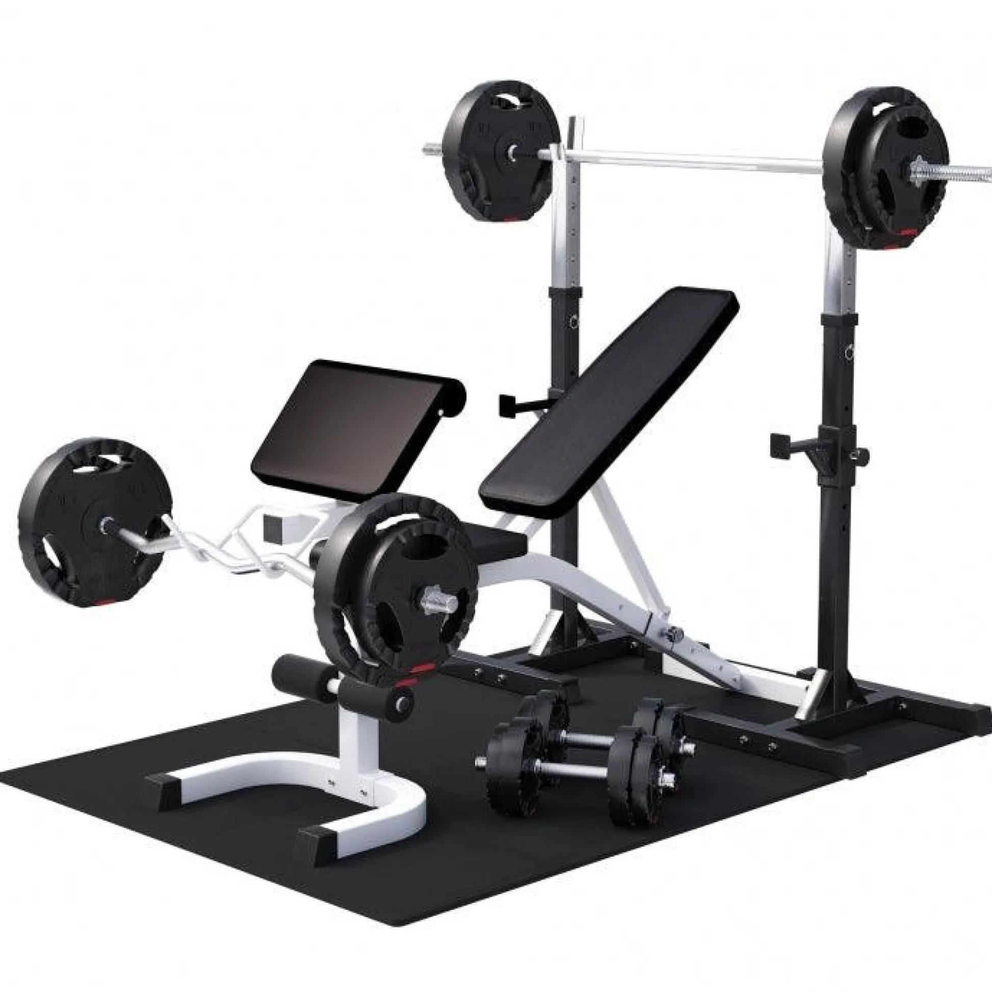 Gorilla Sports Schrägbank mit Squat Rack inkl, Langhantel Set 75 kg Weiss / Schwarz Discount