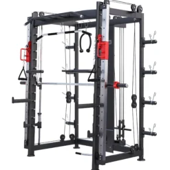 Gorilla Sports Smith Machine inkl, Klimmzugstange, Dipgriffen und Kabelzug Schwarz / Rot / Silber Best