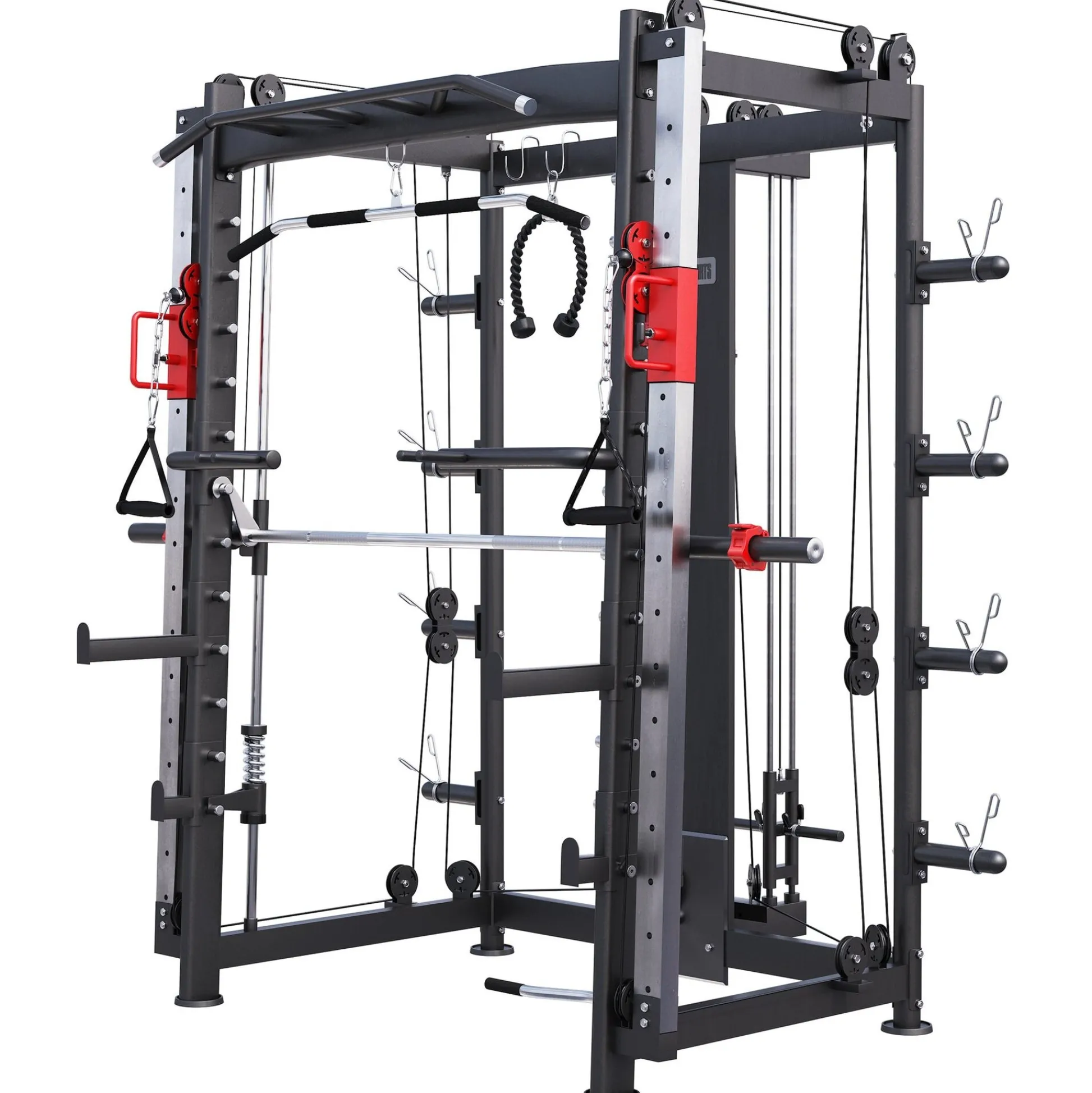 Gorilla Sports Smith Machine inkl, Klimmzugstange, Dipgriffen und Kabelzug Schwarz / Rot / Silber Best