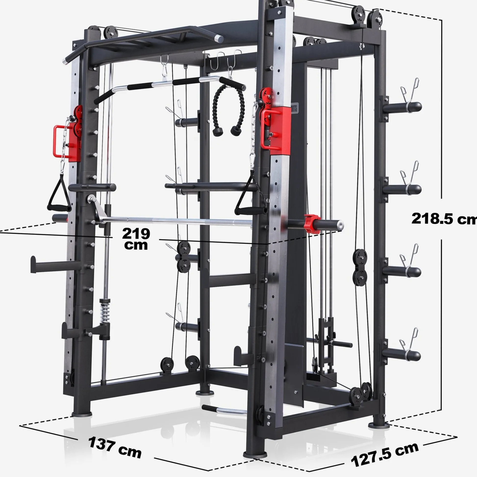 Gorilla Sports Smith Machine inkl, Klimmzugstange, Dipgriffen und Kabelzug Schwarz / Rot / Silber Best