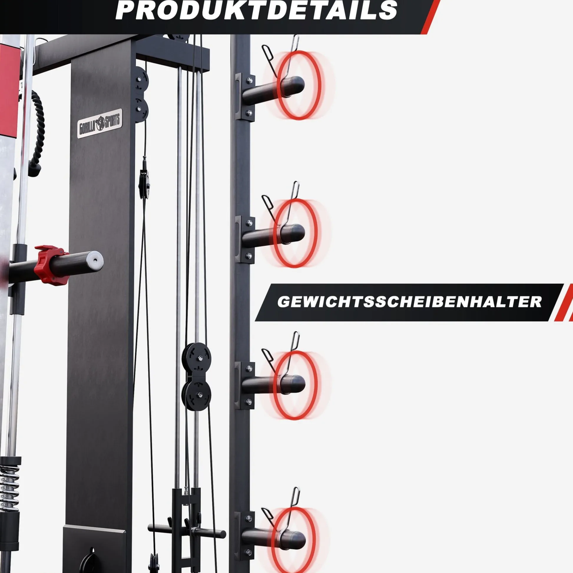 Gorilla Sports Smith Machine inkl, Klimmzugstange, Dipgriffen und Kabelzug Schwarz / Rot / Silber Best