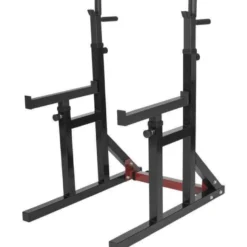 Gorilla Sports Squat Rack verstellbar in Höhe und Breite inkl, Langhantel Set Schwarz / Silber / Rot