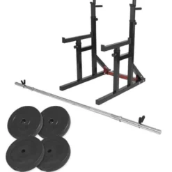 Gorilla Sports Squat Rack verstellbar in Höhe und Breite inkl, Langhantel Set Schwarz / Silber / Rot Sale