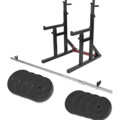Gorilla Sports Squat Rack verstellbar in Höhe und Breite inkl, Langhantel Set Kunststoff 40 kg Schwarz / Silber / Rot New