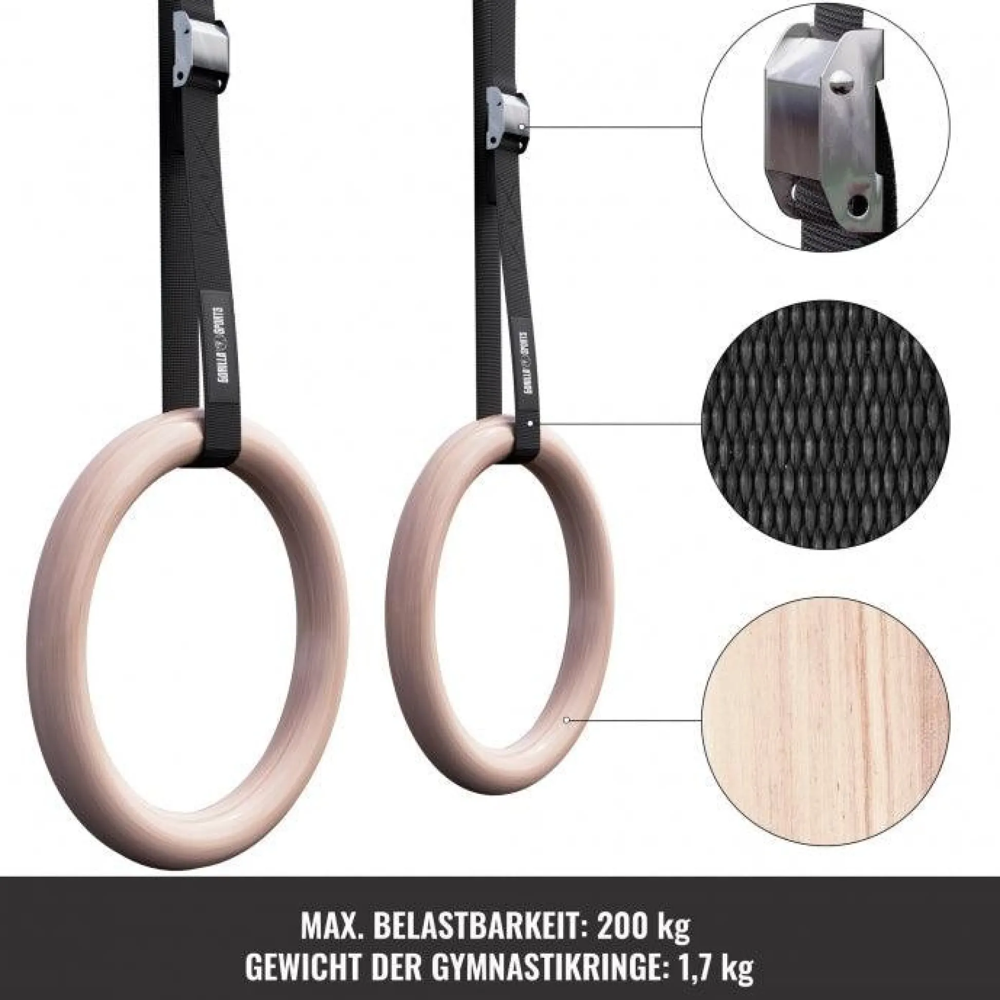 Gorilla Sports Turnringe Set inkl, Nylongurte Schwarz / Holzoptik Best