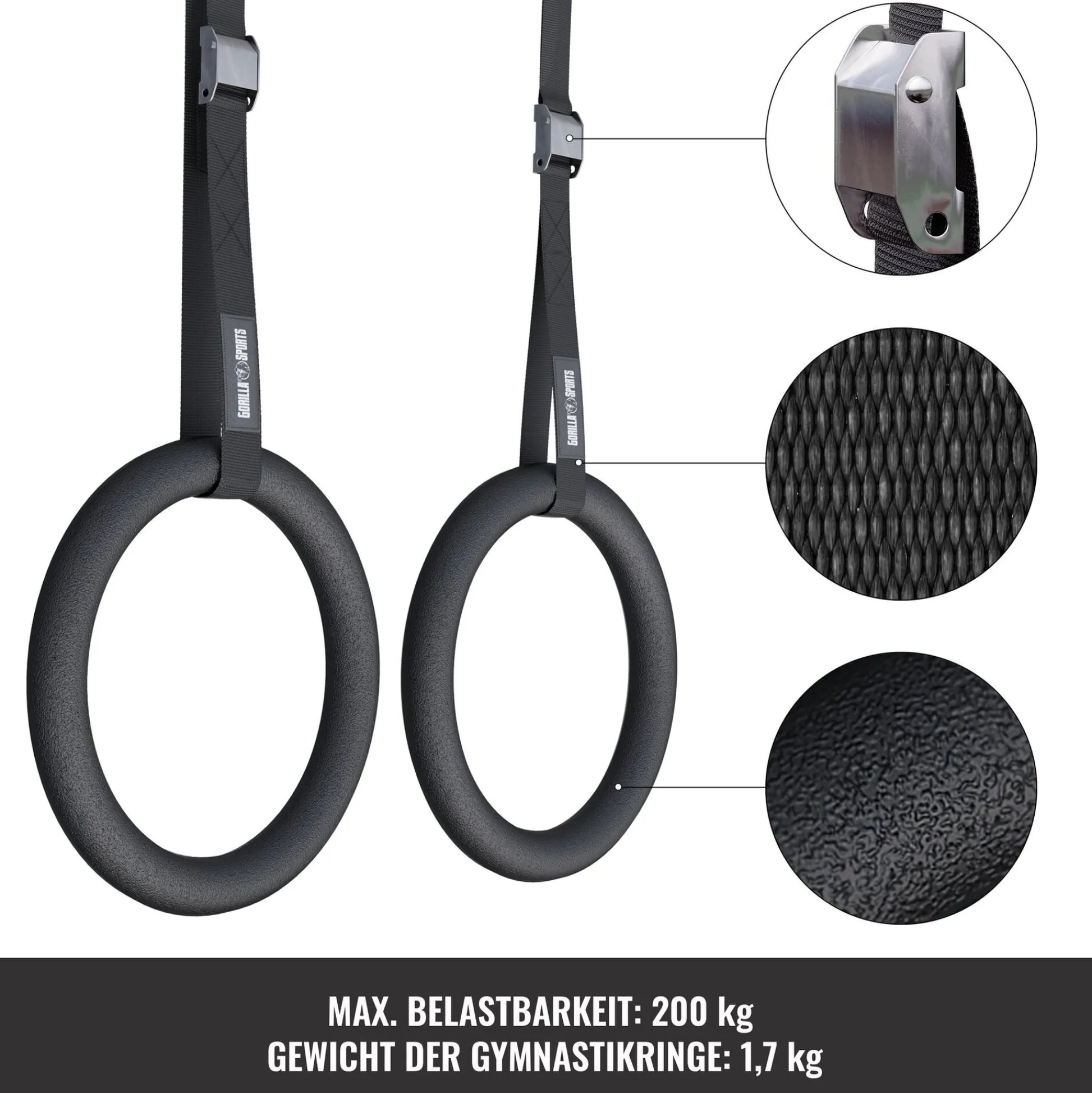 Gorilla Sports Turnringe Set inkl, Nylongurte Schwarz Discount