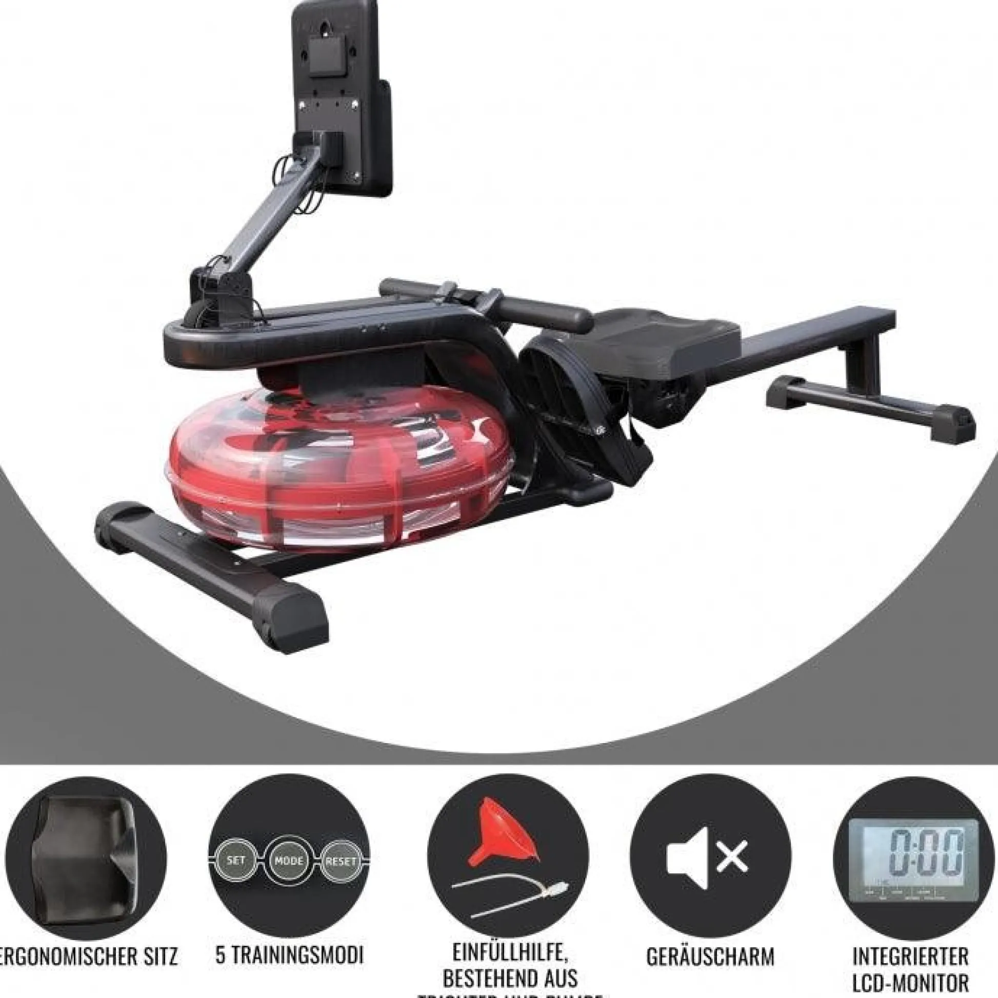 Gorilla Sports Wasserrudergerät verstellbar mit LCD Monitor Schwarz / Rot Clearance